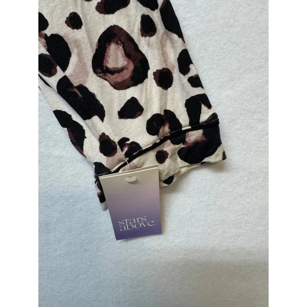 Leopard Print Stars Above Womens Button-Up Pajama Top XXL Soft Beige & Brown - Picture 4 of 11